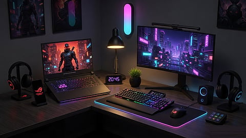 Gaming laptop paired with an external monitor, RGB keyboard, gaming mouse, and accessories on a modern desk setup.