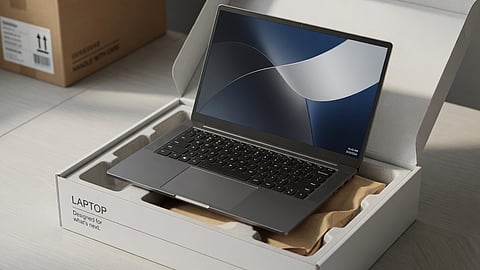 New laptop placed inside its packaging box after unboxing, ready for first-time setup and configuration.
