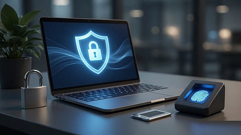 Laptop with a security shield, padlock, and fingerprint scanner, representing laptop security and data protection.