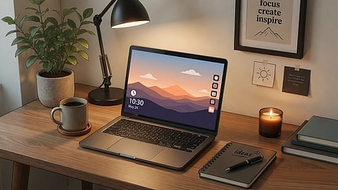 A laptop placed on a tidy wooden desk with a lamp, representing laptop maintenance and productivity.