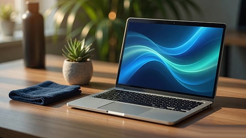 Laptop on a desk with a microfiber cloth, highlighting regular cleaning and maintenance.