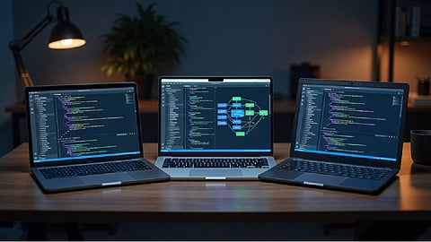 Three laptops displaying coding and development software on a desk.