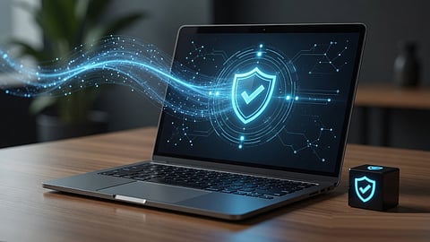 Laptop displaying a digital security shield, representing antivirus protection and cybersecurity for Windows laptops.