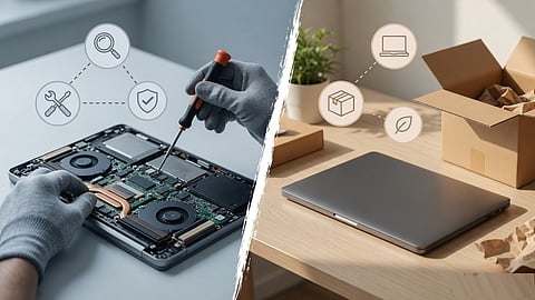 An open laptop being repaired beside a new laptop, representing the decision to repair or replace a device.