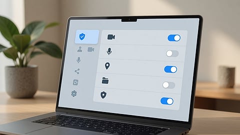 A laptop screen showing Windows privacy settings with options for camera, microphone, location, files, and security features.