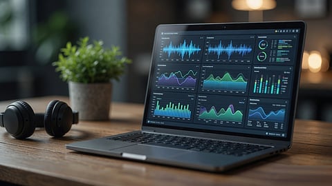 Laptop showing audio enhancement software for microphone quality.