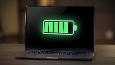 Laptop screen showing a full battery icon indicating battery health.