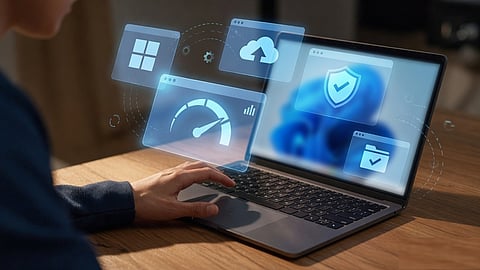 A Windows laptop with four floating interface panels representing productivity, security, cloud, and performance features in Windows.