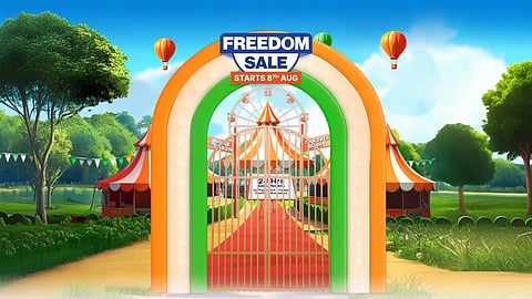 Promotional graphic for Flipkart Freedom Sale 2026 showing a tricolour-themed entrance with the text "Freedom Sale Starts 8th Aug".