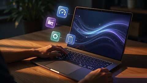 A Windows laptop displaying icons representing productivity features such as Focus Sessions, task management, and study organisation tools.