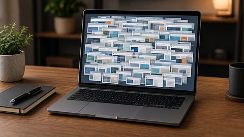 Laptop screen filled with multiple browser windows and tabs on a desk.
