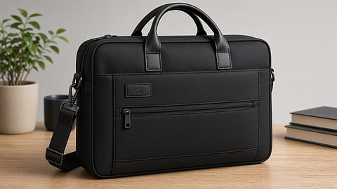 Black laptop bag with handles and shoulder strap placed on a wooden desk.