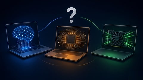 Comparison of CPU, GPU and NPU roles in a laptop for general computing, graphics and AI workloads.