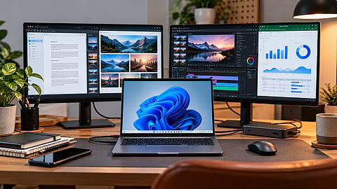 Laptop connected to two monitors showing a multi-screen work setup.