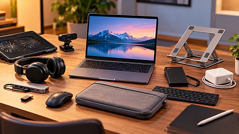 Laptop with common accessories including a stand, keyboard cover, USB-C hub and cleaning kit.