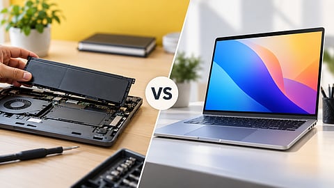 Laptop with its battery being removed beside a new laptop, illustrating the choice between battery replacement and buying a new device.