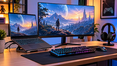 Gaming laptop on a stand connected to an external monitor, RGB keyboard, mouse and gaming headset on a desk.