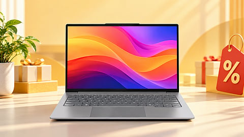 Lenovo ThinkBook 14 with a 14-inch display, slim design and colourful screen, shown with festive sale decorations.