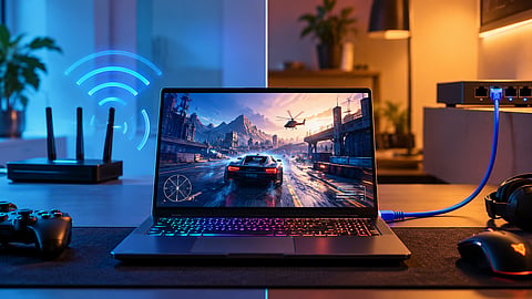 Gaming laptop connected via Ethernet, with a Wi-Fi router illustrating wired and wireless gaming connections.