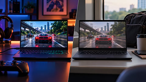 Gaming laptop showing sharper gameplay while plugged in and reduced clarity on battery.