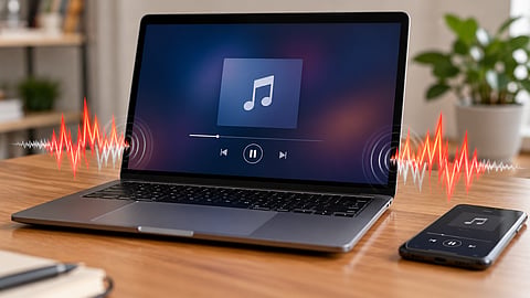 Laptop playing music with visual sound waves representing speaker distortion.