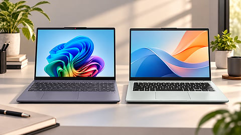 Lenovo IdeaPad Slim 3X with Snapdragon X and ASUS Vivobook Go 15 with AMD Ryzen 3 30 displayed side by side.