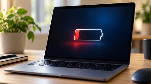Laptop displaying a nearly empty red battery icon on its screen.
