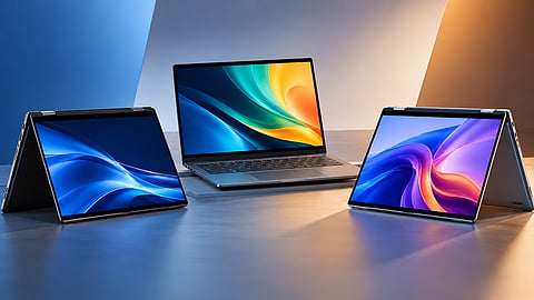 Three laptops, including two 2-in-1 convertibles and a traditional clamshell laptop, displayed side by side.