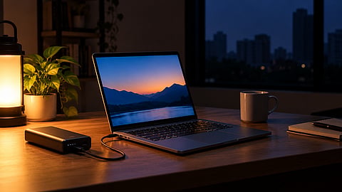 Laptop connected to a USB-C power bank on a desk during a power cut.