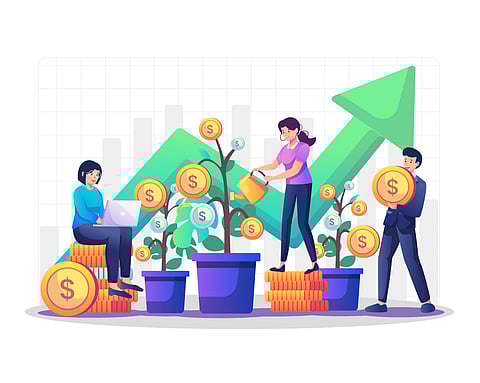 People watering money trees, increase financial profit and Money saving concept illustration
