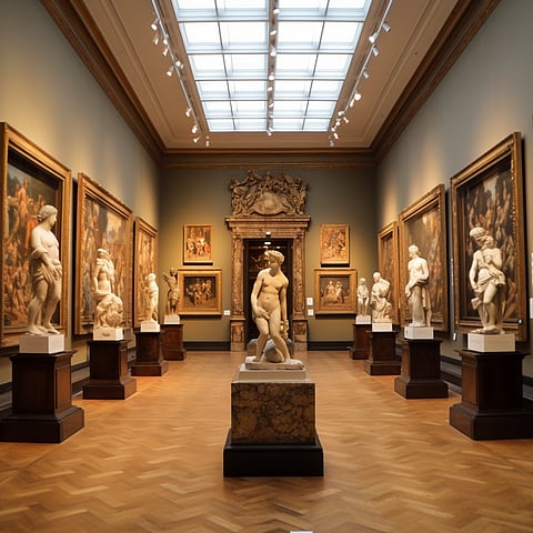 arafed room with a lot of statues and paintings on the walls. generative ai.