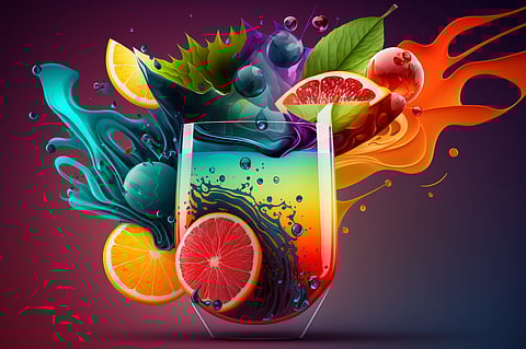 Juicy bright stylized illustration composition of sweet fruits and berries and juice. Generated with AI.