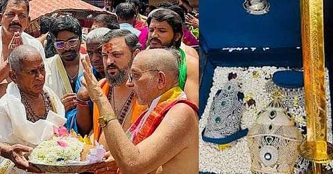 ഇളയരാജ ക്ഷേത്ര സന്ദർശനം നടത്തിയതിന്റെയും കിരീടങ്ങളും വാളും സമർപ്പിച്ചതിന്റെയും ചിത്രം