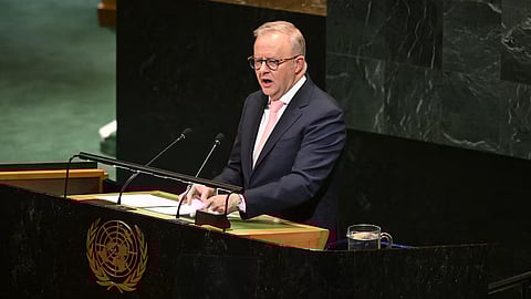 Anthony Albanese speaking in the UN General Assembly hall