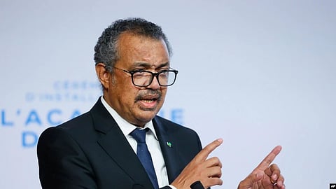 WHO Director-General Tedros Adhanom Ghebreyesus speaks in Lyon, France, Sept. 27, 2021. He told reporters Oct. 5, 2022, that his agency was investigating deaths of dozens of children in Gambia from kidney injuries possibly linked to contaminated cough and cold syrups (Image source- VOA)