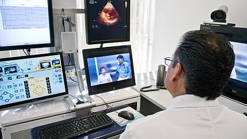 For telemedicine, the subjects underwent an abdominal ultrasound examination. The medical staff operating the probe wore a head-mounted camera, and transmitted the same images that they saw to Shinshiro Municipal Hospital in real time. A doctor at the hospital instructed the medical staff on how to conduct the probe.