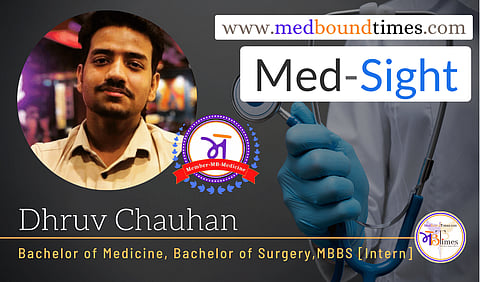 A man in a collared shirt is shown on the left with text “Dhruv Chauhan, MBBS.”
