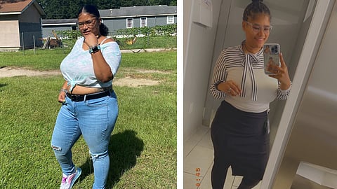 Mineka Furtch began throwing up when she was five weeks pregnant in 2020, and the symptoms persisted. Furtch — shown, at left, before she had her son in 2021 and, at right, after her son was born — says she lost 48 pounds during that pregnancy.