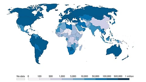 World map of total confirmed COVID-19 cases per million people. Wikimedia Commons