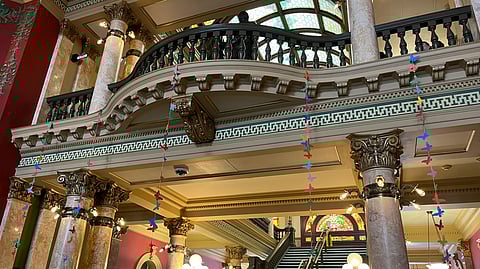 The American Foundation for Suicide Prevention hung strings of butterflies in the Montana Capitol representing the 348 deaths by suicide reported in Montana in 2021. Color - coded by age range, the yellow symbolized kids ages 11 to 18.