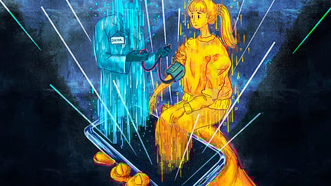 A digital illustration in pencil and watercolor. A doctor painted
in a bright and transparent blue, and a patient, who is painted in vivid yellow, appear as a hologram projected from a smartphone.The patient is having her blood pressure
checked.
