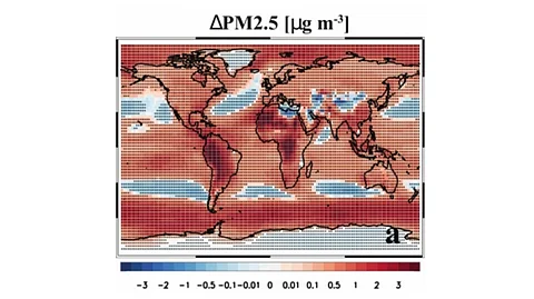 Change in PM2.5 surface concentration after 4 degrees C of warming. Black dots symbolize statistically significant changes.