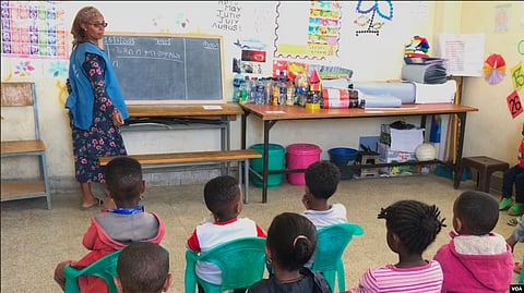 Tsega Fitsum, a volunteer teacher at the Mai Weyni school in the Tigray regional capital, Mekelle, teaches at a kindergarten.