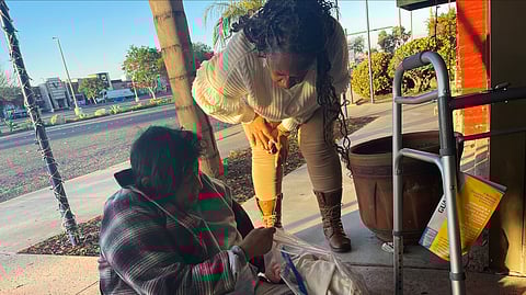 Christine Gallegos
,
who is homeless and experiencing liver failure, was discharged from
the emergency room at Scripps Mercy Hospital in Chula Vista
, California,
in late
February with nowhere to go.
S
he
says she
crawled into a nearby doorway for shelter.
(
Angela Hart/KFF Heal
th News
)