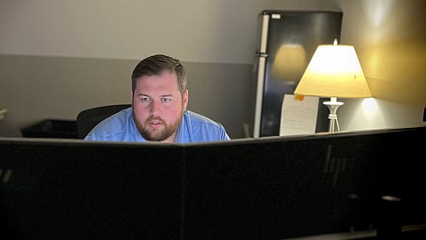 Matt Ashley, a senior technologist at Johnson Memori
al Health in Franklin, Indiana, is part of a
small IT team that spent months helping the hospital recover after a crippling cyberattack in
2021
.
(
Farah Yousry/
Side Effects Public Media
)