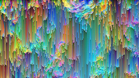 A vibrant abstract painting featuring a dynamic blend of various colors and shapes.