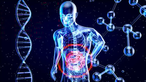 A human body is encircled by a double helix DNA structure, symbolizing the connection between biology and genetics.