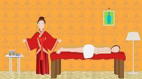 An illustration showing a traditional Chinese healer doing acupuncture on a patient on a table.