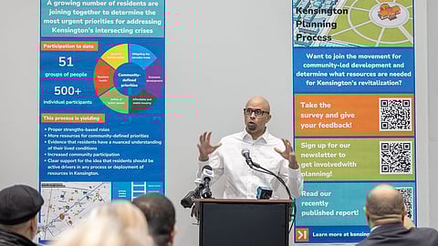 Bill McKinney, executive director of the New Kensington Community Development Corporation, says at a planning process press conference on Feb. 21, 2024, that a lot of people care about the Philadelphia neighborhood.