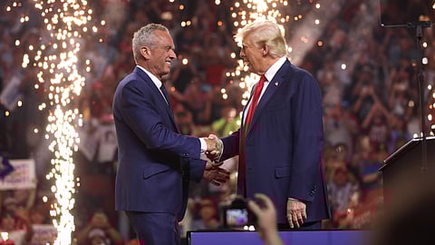 Former President Donald Trump greets Robert F. Kennedy Jr. — one of the nation's most prominent vaccine skeptics — on stage at a campaign event in Glendale, Arizona.
(Gage Skidmore, Wikimedia Commons)